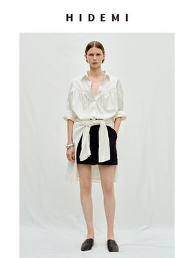 HIDEMI度假系列水洗亚麻褶皱细带极简款翻领衬衫