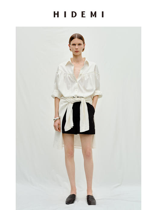 HIDEMI度假系列水洗亚麻褶皱细带极简款翻领衬衫 商品图0