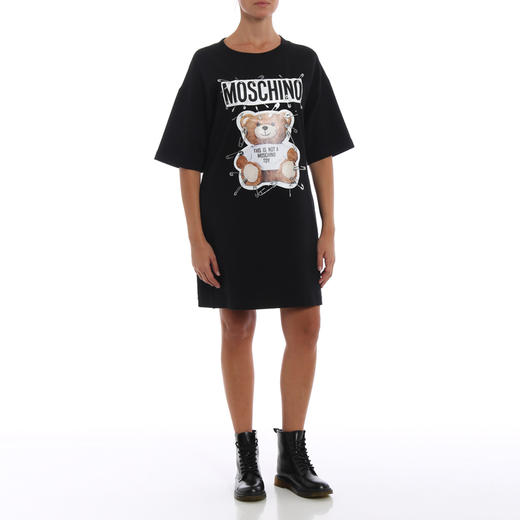 【一】MOSCHINO COUTURE 莫斯奇诺 女士棉质小熊徽标印花圆领短袖T恤裙 黑色 0444 5526 1555 商品图3
