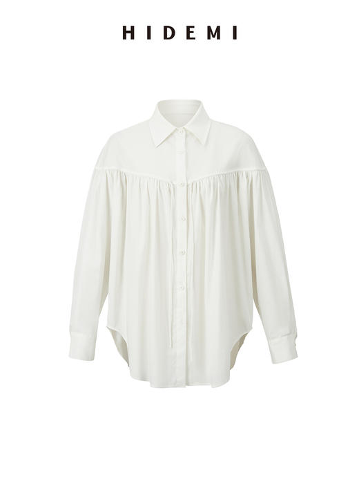 HIDEMI度假系列水洗亚麻褶皱细带极简款翻领衬衫 商品图8