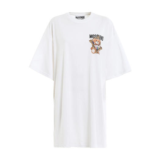 MOSCHINO 莫斯奇诺 女士棉质小熊徽标印花圆领短袖T恤裙 白色 0445 0440 1001 商品图0