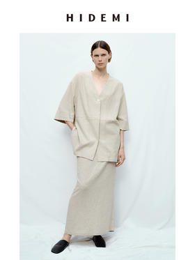 HIDEMI度假系列山丘灰肌理感水洗亚麻套装 V领上衣/半身裙