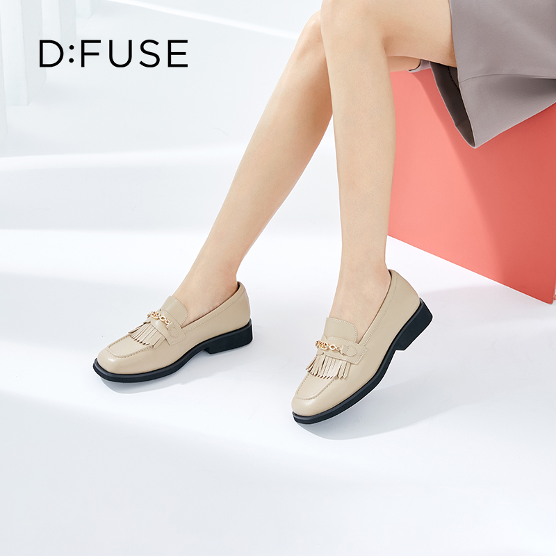 DFuse迪芙斯秋季新款牛皮方头流苏乐福鞋平底单鞋DF33112008