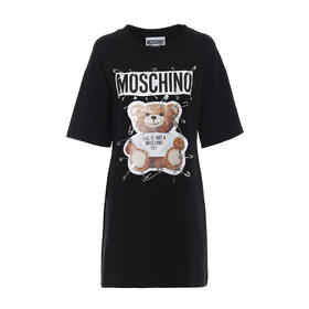 【一】MOSCHINO COUTURE 莫斯奇诺 女士棉质小熊徽标印花圆领短袖T恤裙 黑色 0444 5526 1555