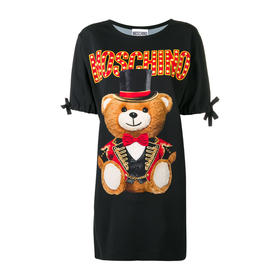 MOSCHINO COUTURE 莫斯奇诺 女士棉质圣诞熊徽标印花短袖T恤裙 黑色 0447 0565 1555
