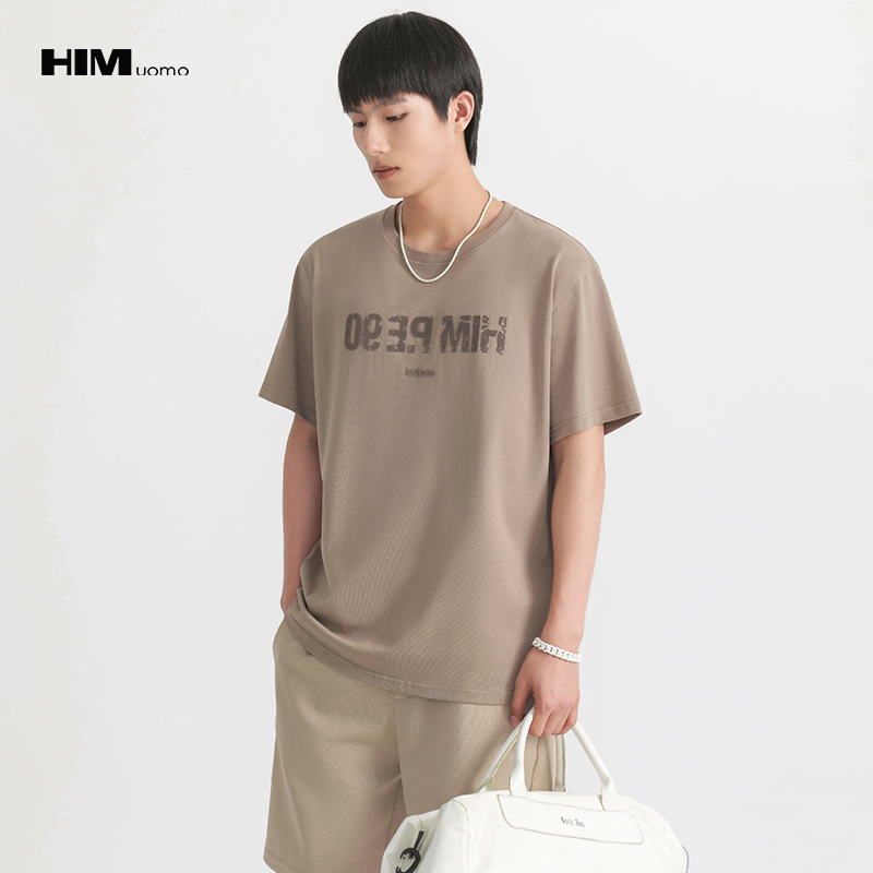 HIM漢崇 绒面烧花工艺短袖T恤男休闲舒适透气棉圆领衫 2026夏季
