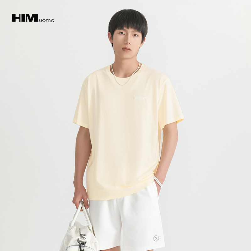 HIM漢崇  立体胶章休闲圆领T恤男士舒适柔软透气百搭上衣 2026夏季