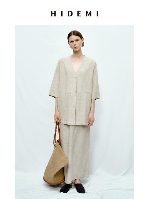 HIDEMI度假系列山丘灰肌理感水洗亚麻套装 V领上衣/半身裙 商品图3