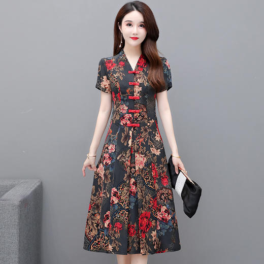 复古优雅，夏款印花中长款时尚A字裙V领短袖修身气质连衣裙QYM-XYKL-134-L 商品图0