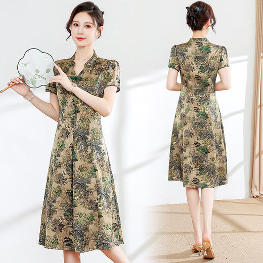 夏季印花，小V领短袖裙中年妈妈装气质中长裙复古旗袍裙QYM-YX-HY230139-Y 商品图2