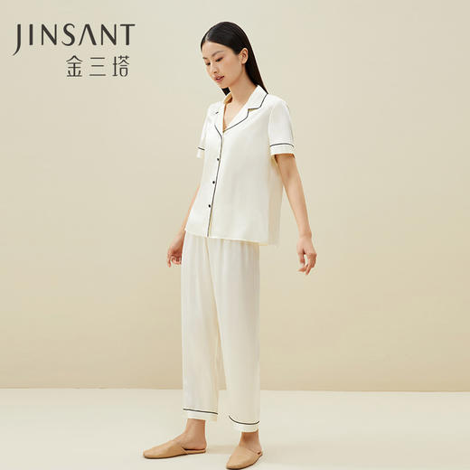丝滑凉感】金三塔真丝睡衣100%桑蚕丝宽松短袖长裤丝绸睡衣家居服   8YSF7B412（限价款） 商品图2