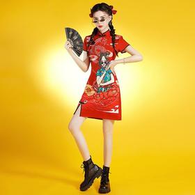 【服装鞋包】夏新款年轻改良款少女中国风连衣裙红色国潮女孩印花旗袍