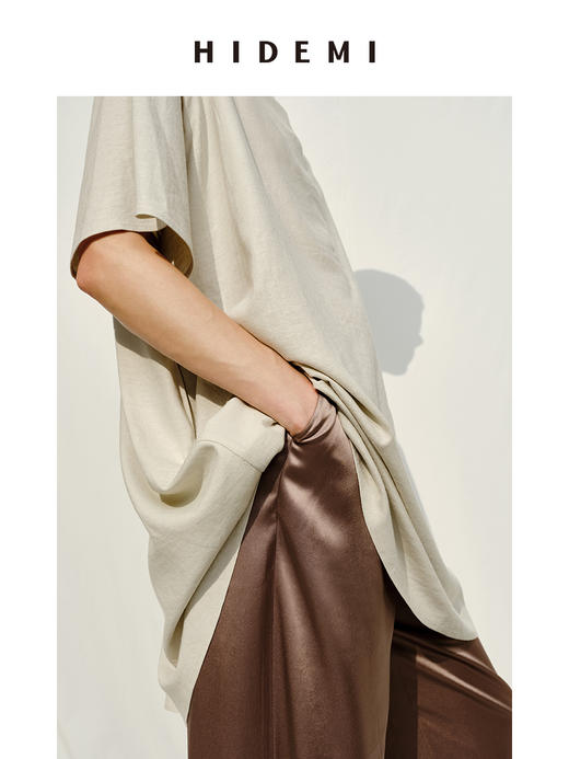 HIDEMI度假系列极简纽扣一字领水洗亚麻连衣裙上衣 商品图7