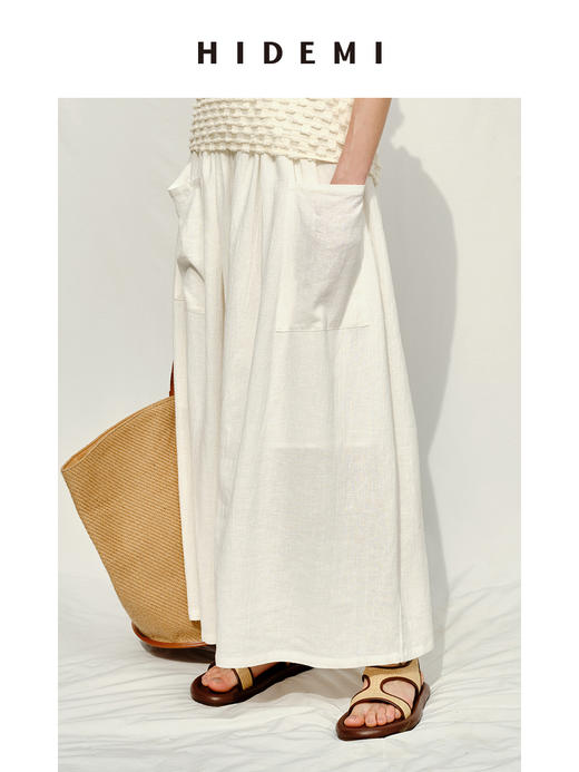 HIDEMI度假系列白色艺术感水洗亚麻阔型慵懒伞状三件套 衬衫/半身裙/中短裤 商品图8