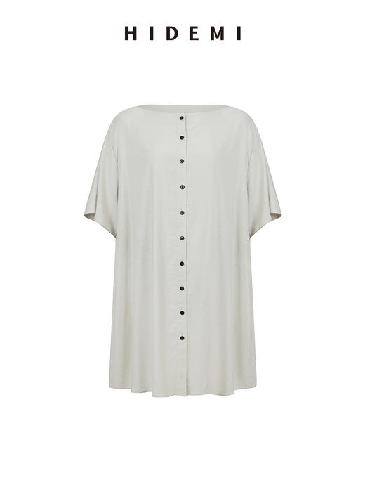 HIDEMI度假系列极简纽扣一字领水洗亚麻连衣裙上衣 商品图10