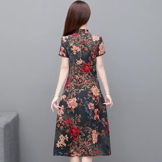 复古优雅，夏款印花中长款时尚A字裙V领短袖修身气质连衣裙QYM-XYKL-134-L 商品图2