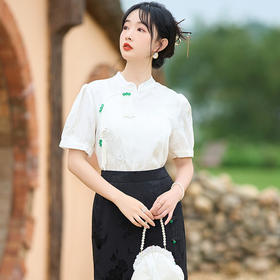 【服装鞋包】新中式白色旗袍衬衫女夏装新款中国风立领盘扣上衣两件套裙