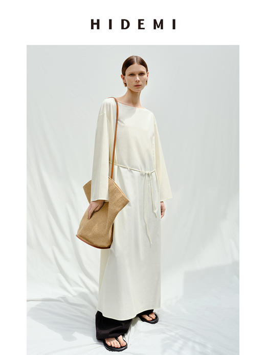 HIDEMI度假系列极简一字领天丝棉可拆卸腰带式连衣裙 商品图0