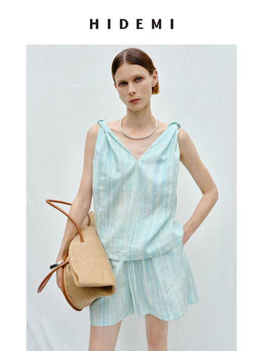 HIDEMI度假系列薄荷绿条纹亚麻纽结设计感套装 背心/短裤/长裤 商品图3