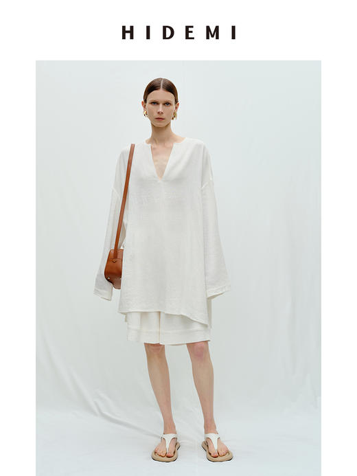 HIDEMI度假系列白色艺术感水洗亚麻阔型慵懒伞状三件套 衬衫/半身裙/中短裤 商品图0