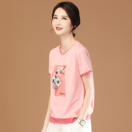 撞色圆领复古印花T恤女，夏装新款宽松显瘦百搭体恤薄GYM-KN0532 商品图1