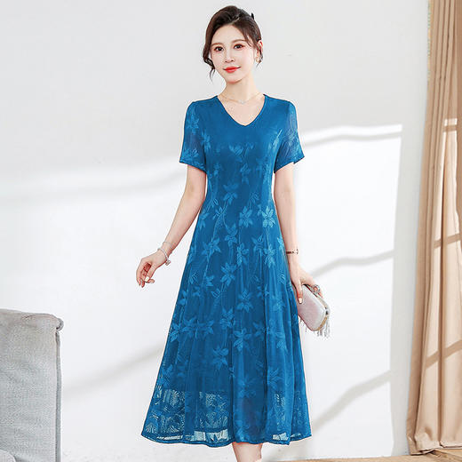 修身时尚，夏款中长款印花大码雪纺裙V领短袖气质优雅连衣裙QYM-FL-X8836-L 商品图1