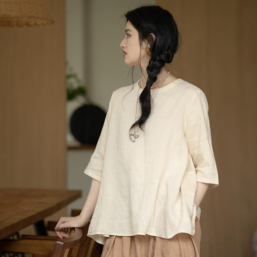 绽放345朵【甜茶系列·布丁】苎麻七分袖捏褶水滴扣宽松文艺T恤 商品图1