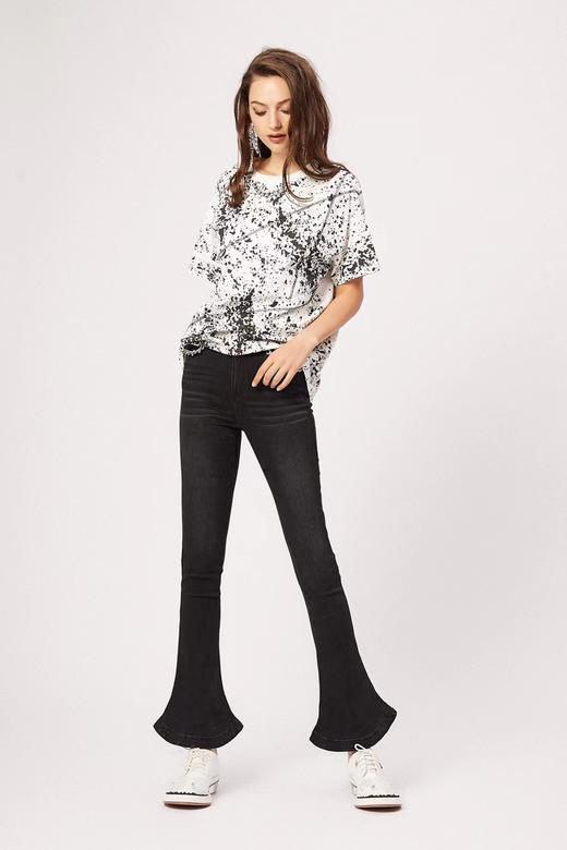 黑色水钻链条高弹修身棉质马蹄裤 商品图0