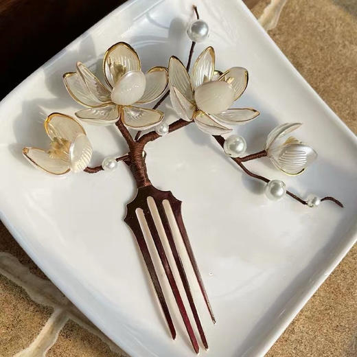 白玉兰发梳 古风发簪发钗发夹发梳u钗木簪汉服古风配饰明制头饰 商品图1