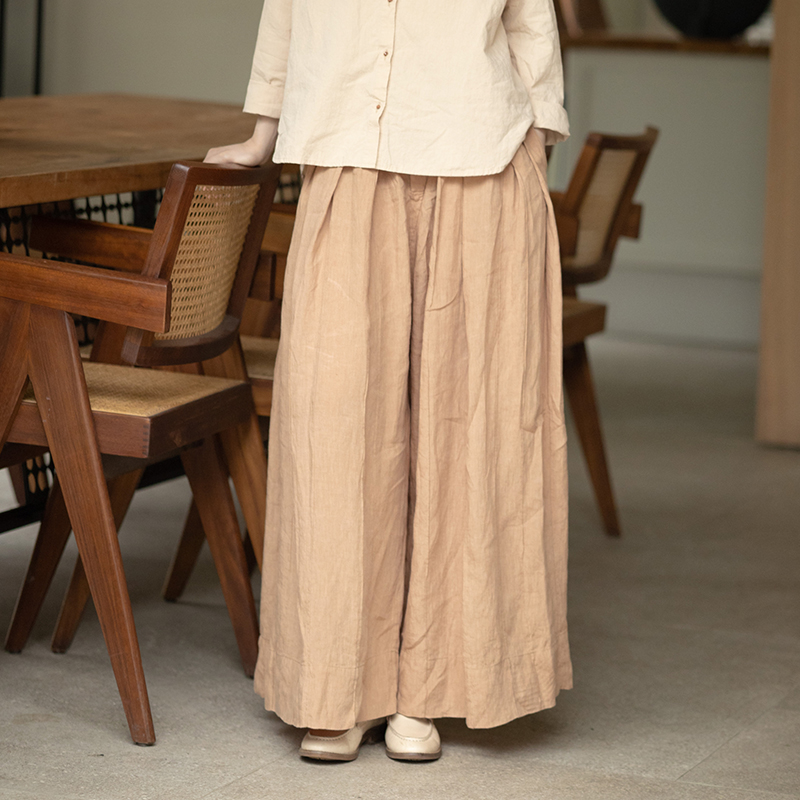* 绽放343朵【甜茶系列·拿铁】杏色干洗亚麻休闲宽松阔腿裤武士裤