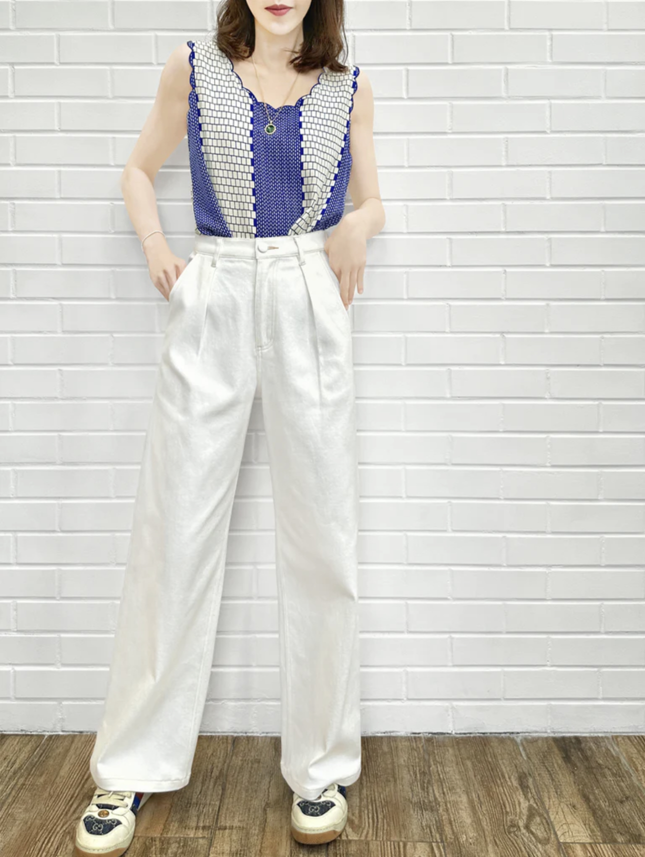 TYNVIE 插袋直筒阔腿裤-白色