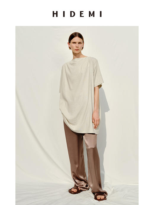 HIDEMI度假系列极简纽扣一字领水洗亚麻连衣裙上衣 商品图5