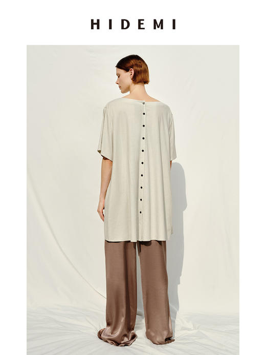 HIDEMI度假系列极简纽扣一字领水洗亚麻连衣裙上衣 商品图9