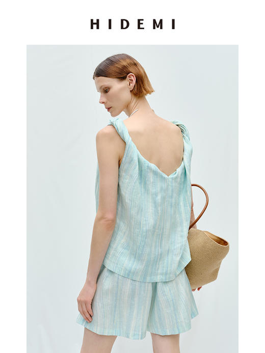 HIDEMI度假系列薄荷绿条纹亚麻纽结设计感套装 背心/短裤/长裤 商品图5