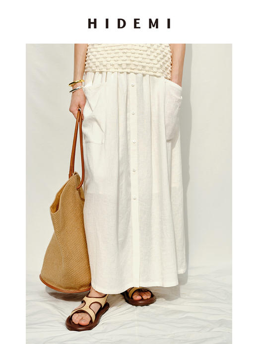 HIDEMI度假系列白色艺术感水洗亚麻阔型慵懒伞状三件套 衬衫/半身裙/中短裤 商品图7