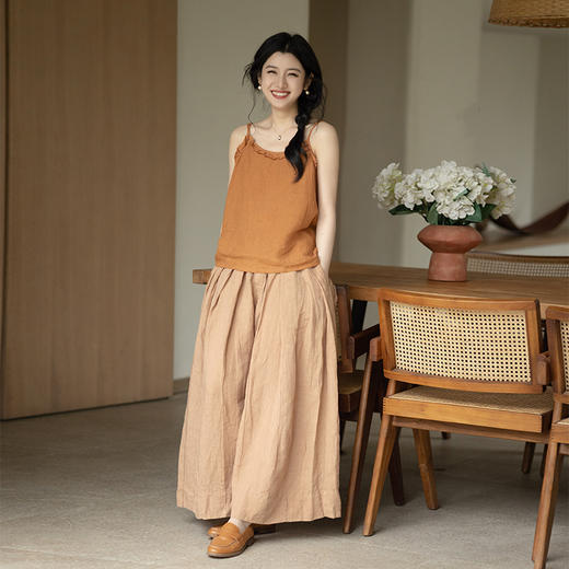 * 绽放343朵【甜茶系列·拿铁】杏色干洗亚麻休闲宽松阔腿裤武士裤 商品图1