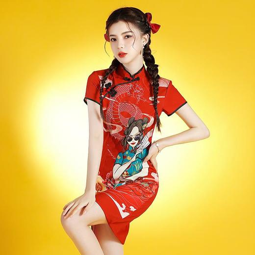 【服装鞋包】夏新款年轻改良款少女中国风连衣裙红色国潮女孩印花旗袍 商品图2