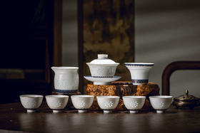 富玉 景德镇玲珑瓷组合功夫茶具鸿运连连盖碗茶具