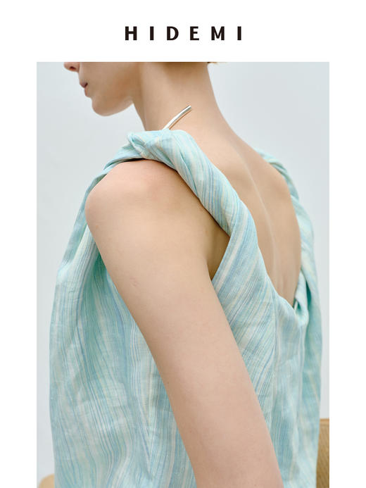 HIDEMI度假系列薄荷绿条纹亚麻纽结设计感套装 背心/短裤/长裤 商品图4