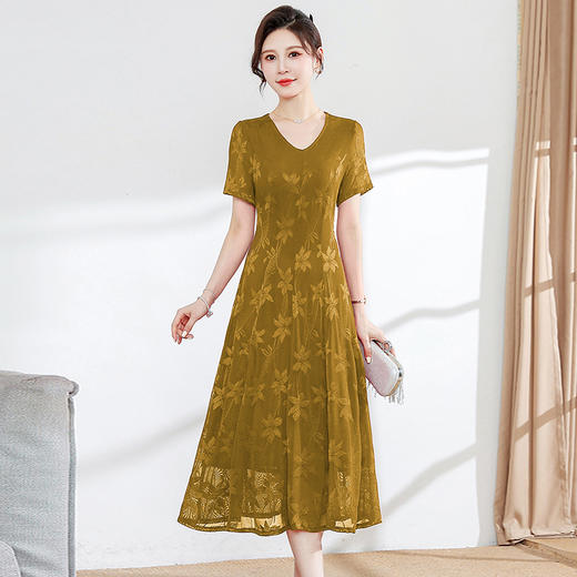 修身时尚，夏款中长款印花大码雪纺裙V领短袖气质优雅连衣裙QYM-FL-X8836-L 商品图2