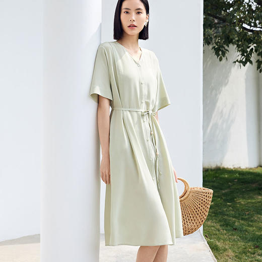 玳莎18mm双绉面料V领真丝连衣裙2023夏季新款门襟系带简约通勤中长款衬衫裙  DB35203 商品图1