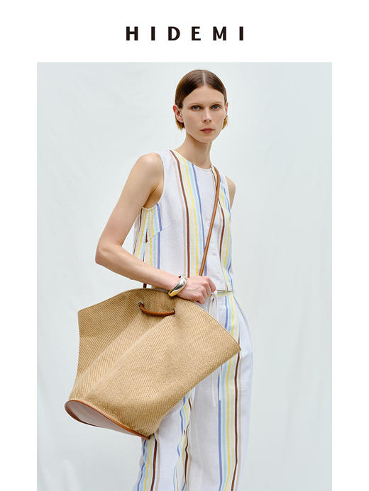 HIDEMI 度假系列草编织拼皮可调节肩带背包 商品图5