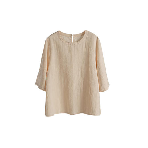 绽放345朵【甜茶系列·布丁】苎麻七分袖捏褶水滴扣宽松文艺T恤 商品图4