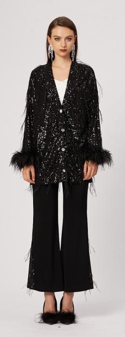 黑色鸵鸟毛亮片撞面料拼接醋酸微喇长裤