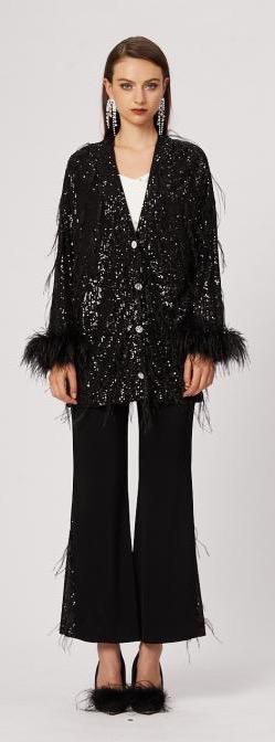 黑色鸵鸟毛亮片撞面料拼接醋酸微喇长裤 商品图0