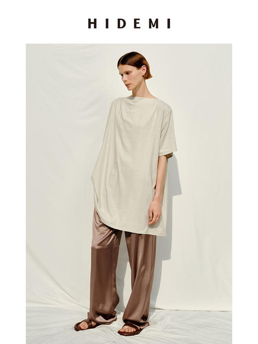 HIDEMI度假系列极简纽扣一字领水洗亚麻连衣裙上衣 商品图4