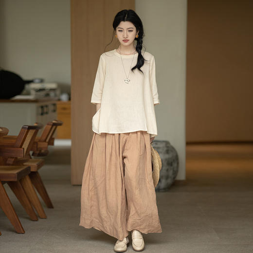 绽放345朵【甜茶系列·布丁】苎麻七分袖捏褶水滴扣宽松文艺T恤 商品图2