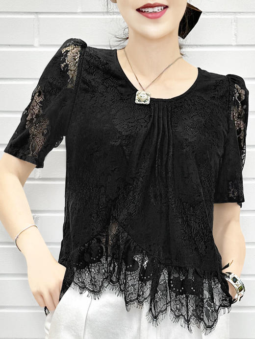 TYNVIE 荷叶装饰短袖圆领上衣 - 黑色 商品图0