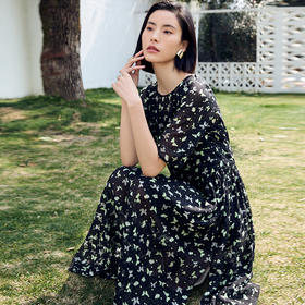 玳莎印花真丝连衣裙优雅2024夏季新款气质圆领显瘦A字碎花裙   DB35104