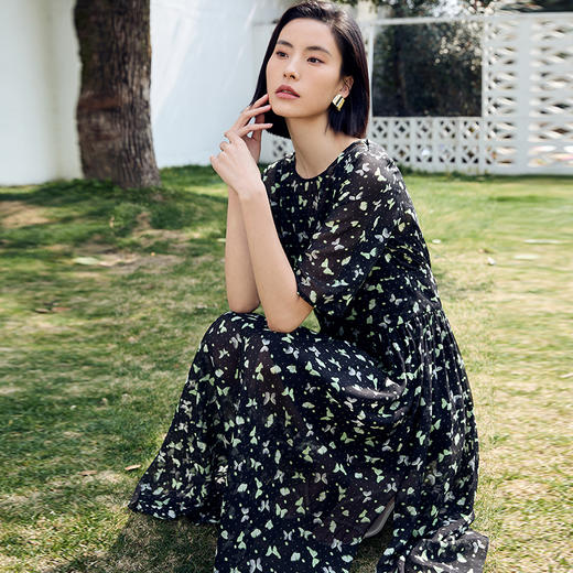 玳莎印花真丝连衣裙优雅2024夏季新款气质圆领显瘦A字碎花裙   DB35104 商品图0